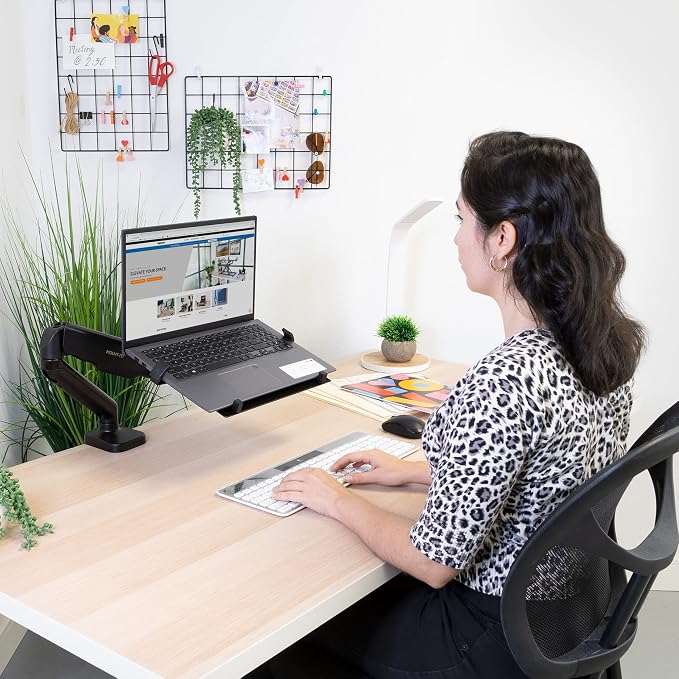 Mount-It! Laptop Desk Mount Arm with Gas Spring, Height Adjustable Laptop Stand for Desk, Fits Laptops up to 17 Inch, Full Motion Laptop Tray Mount with Clamp or Grommet Installation