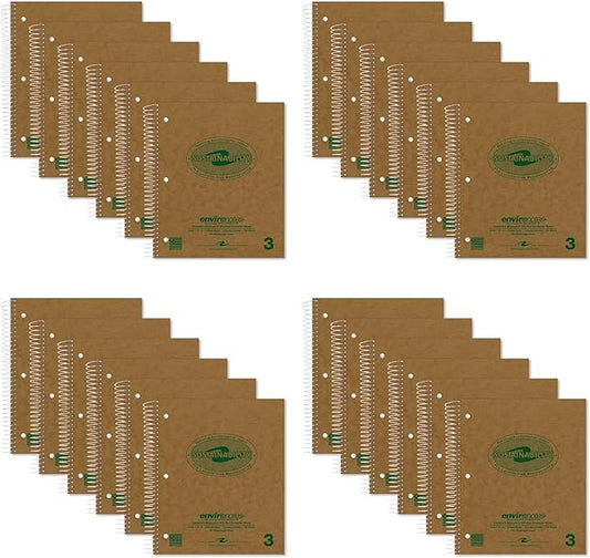 ROARING SPRING Environotes Recycled Spiral Notebook – 24 Pack, 11" x 9", Three Subject, 100 Sheets, College Ruled Perforated Heavyweight 20 lb Paper, 3 Double Pocket, Made in USA