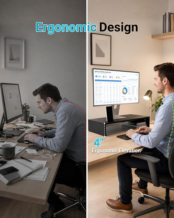 1home Ergonomic Monitor Stand Riser, 21.3 Inch Wood Desktop Stand with Cellphone Holder and Cable Management, Black | Wood Desktop Organizer with Cellphone Holder and Cable Management for PC, Laptop, Printer and Home Office Workspace
