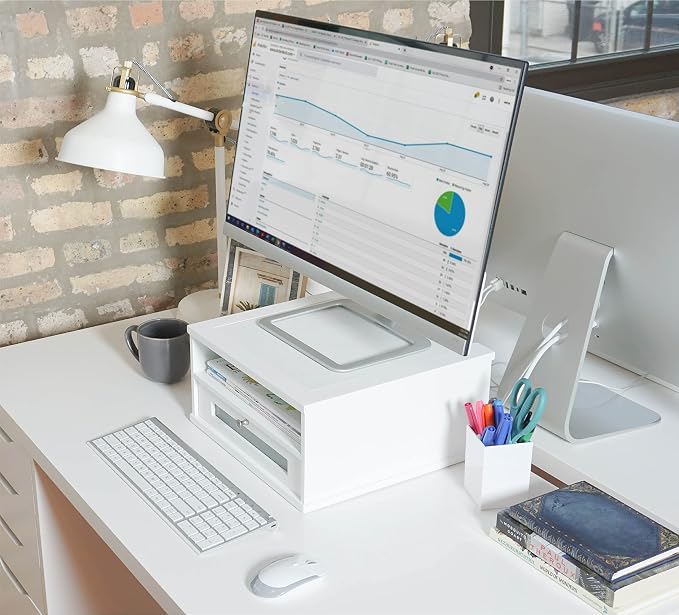 Victor Monitor Riser with Drawer and Storage Shelf - Wood Monitor Stand Desk Organizer with Faux Leather Top, Organize Office Supplies, 13 x 13 x 6.5-Inches, Pure White