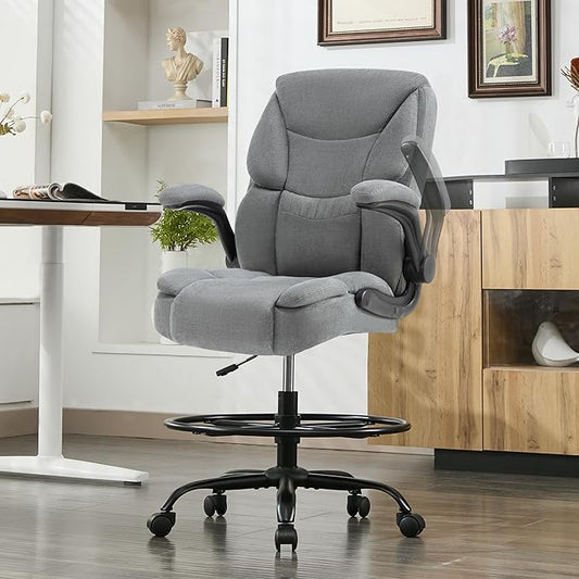 500LBS Drafting Chair, High Back Safer Standing Desk Chair, Executive Tall Office Chair with Flip-up Armrests, Upholstered Fabric Task Chair, Ergonomic Seat with Adjustable Height&Foot Ring, Grey