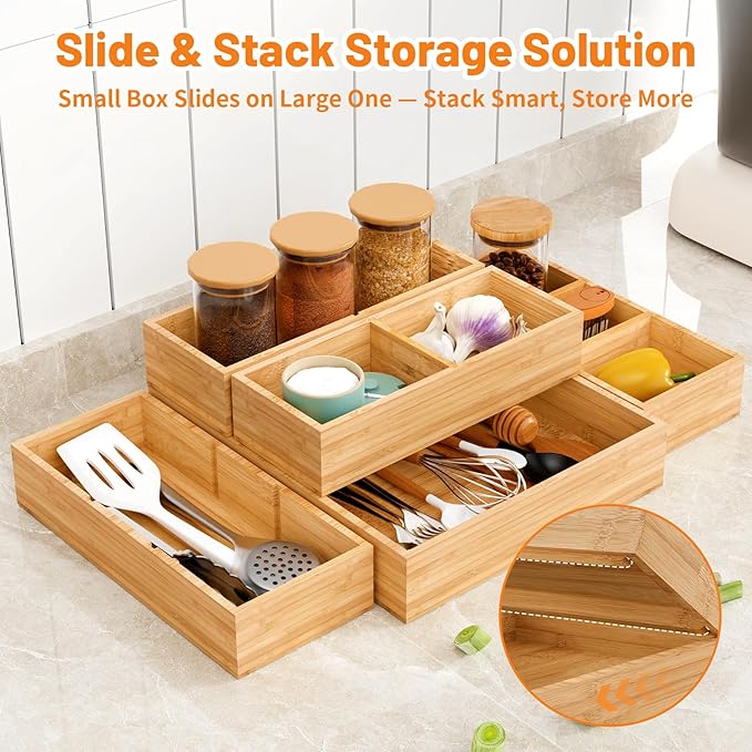 Bamboo Drawer Organizer, 10-Piece Stackable Trays with Removable Dividers | Junk drawer organizer, assorted tray sizes, 10-22 customizable compartments, nestable, kitchen utensils, bathroom, office