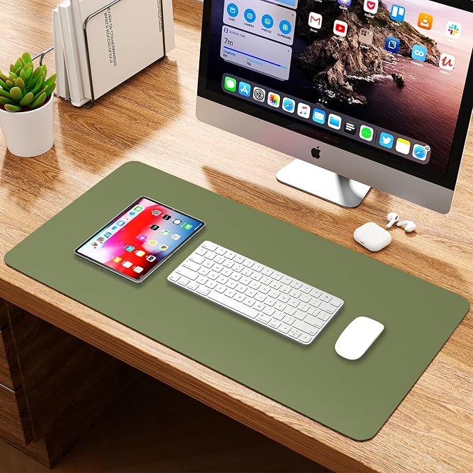 Leather Desk Pad Protector, Waterproof Mouse Pad, PU Desk Mat, Office Desk Cover, Desk Writing Mat for Office/Home/Work/Cubicle (Avocado Green) 31.5x15.7 in