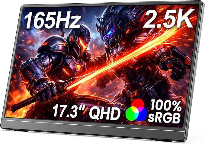 MNN 17.3" 2.5K Portable Monitor 165Hz 2560x1440 QHD, 100% sRGB IPS Gaming Monitor, USB-C & HDMI External Display with Kickstand, Slim Semi-Metal Travel Monitor for Laptop, Phone, PS5, Xbox