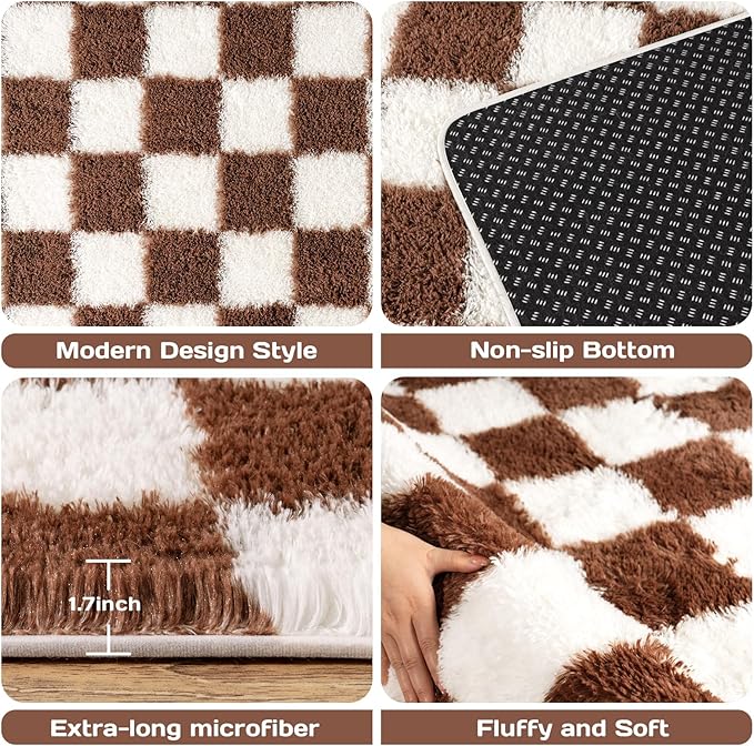 Area Rugs for Living Room 9x12, Ultra Fluffy Shag Checkered Rug Modern Washable Carpet Soft Shaggy Non Slip Indoor Plush Fuzzy Rugs for Bedroom Dorm Office Home Aesthetic Decor, Cream and Coffee