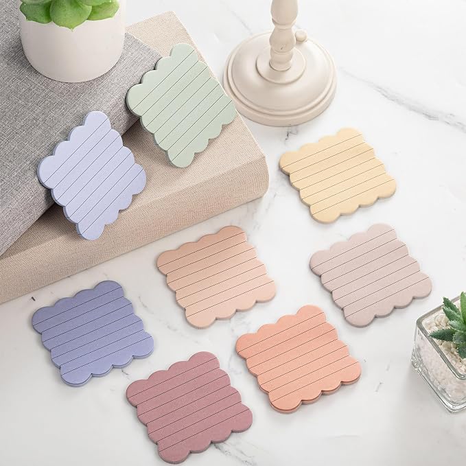Eaasty 8 Pack Scalloped Sticky Notes Cute Adhesive Memo Pads Vintage Colors Aesthetic Lined Self Stick Note Pads 3" x 3" Pretty Wavy Sticky Notes Bulk 240 Sheets for School Office Supplies
