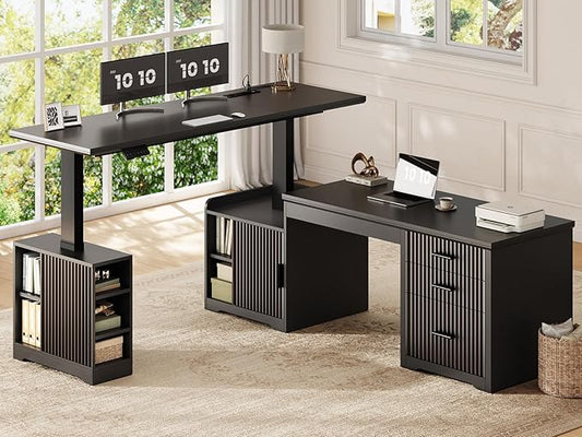 SEDETA Fluted L Shaped Electric Standing Desk, 63" x 67" Height Adjustable Home Office Executive Desk with Drawers and Shelves, Two Person Desk with Power Outlet for Home Office, Black