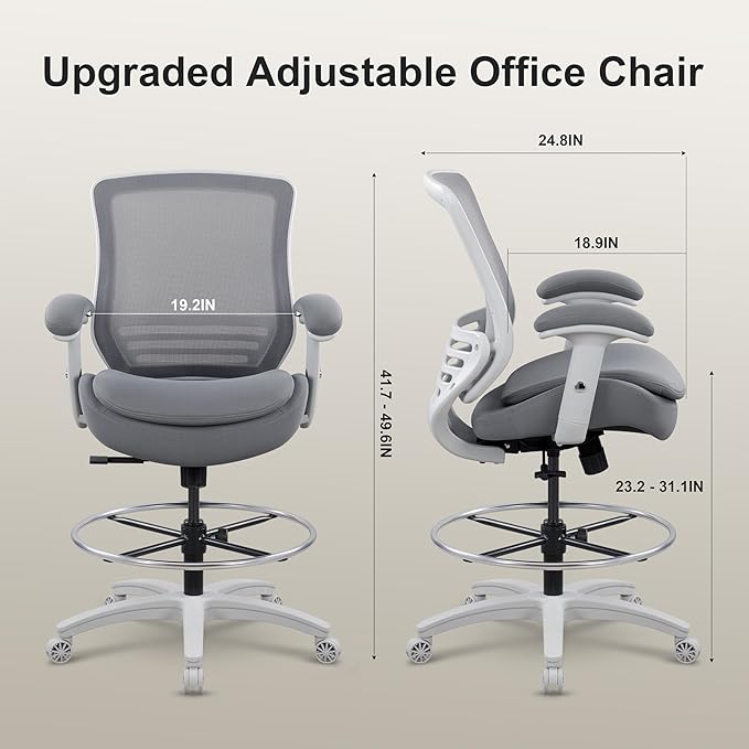 400lbs Office Drafting Chair Wide Dual Seat Cushion Height Adjustable Armrest for High Standing Desk with Lumbar Support and Enlarged Adjustable Footrest (Light Gray Frame Light Gray Fabric)