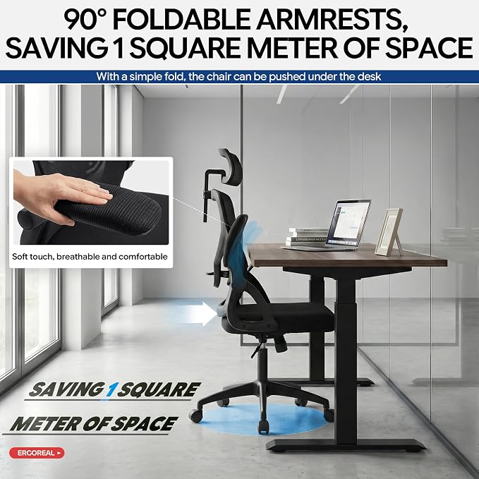 Ergonomic Office Chair–Mesh Computer Chair with Adjustable Lumbar Support, 2D Headrest, Foldable Armrests & Class 3 Gas Lift–Comfortable Home Office Desk Chair for Long Sitting, 400 lbsBlack