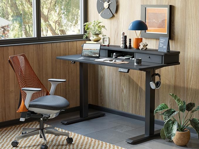 TIQLAB Standing Desk with Two Drawers, Stand Up Standing Desk Adjustable Height, Electric Sit Stand Table with Storage Shelf and Splice Board, 48 * 24 inch, Black