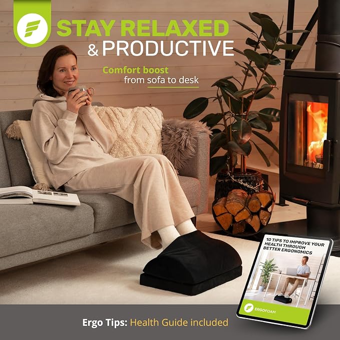 ErgoFoam Foot Rest for Under Desk at Work with Warm Feet Pocket - Chiropractor-Endorsed Foot Rest Warmer, High-Density Foam, Velvet