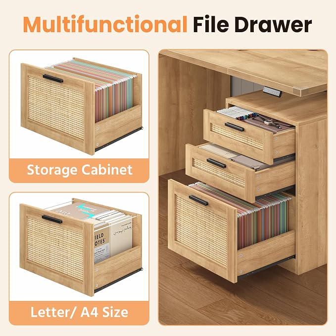 60" Rattan Electric Standing Desk with Drawers for Home Office, Oak | Height Adjustable Computer Desk with 4 Drawers & Storage Shelves, Wood Sit Stand Desk with Power Outlets for Work, Study
