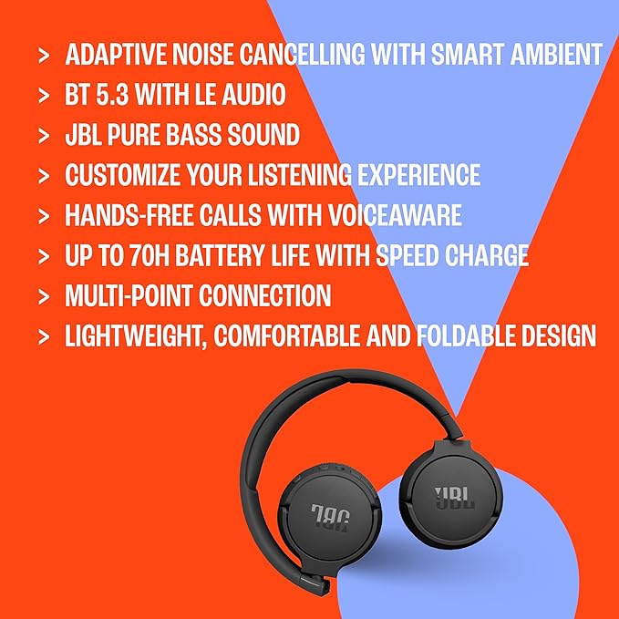 JBL Tune 670NC - Adaptive Noise Cancelling with Smart Ambient Wireless On-Ear Headphones, Up to 70H Battery Life with Speed Charge, Lightweight, Comfortable and Foldable Design (Black)