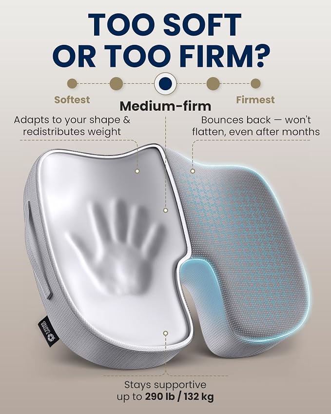 5 STARS UNITED Seat Cushion - Memory Foam Chair Cushion for Tailbone Pain Relief - Ergonomic Support for Coccyx, Sciatica & Butt - Office, Desk & Gaming Chair, Car Seat, Wheelchair, Airplane, L Gray