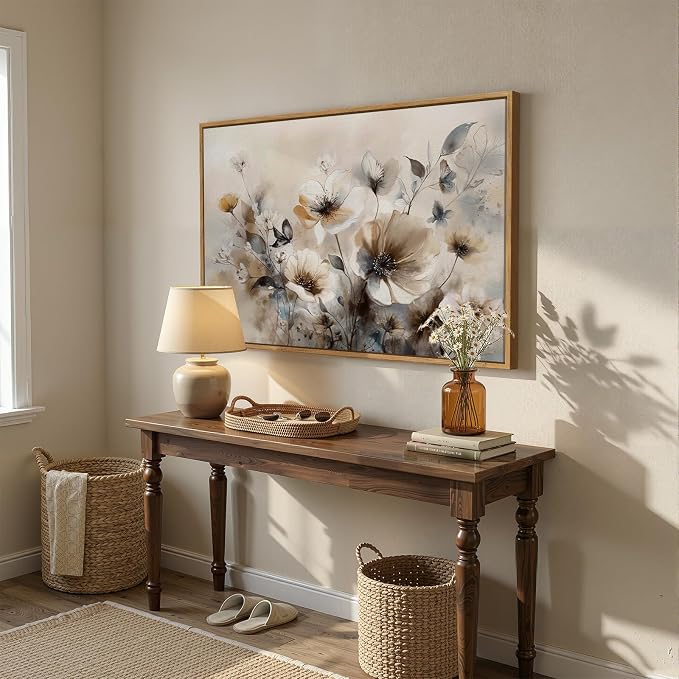 Framed Neutral Floral Wall Art, Vintage Beige Botanical Flower Canvas Artwork for Modern Farmhouse Walls, Rustic Watercolor Painting Prints for Living Room Bedroom Kitchen Dining Room, 24x36 Inch