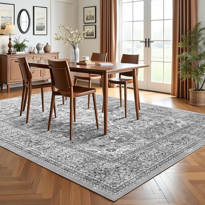 Grey Washable Boho Area Rug, 6x9 Vintage Floral Non Slip Rugs for Living Room Bedroom, Soft Low Pile Indoor Mat, Aesthetic Pattern Carpet for Kitchen and Dining Room
