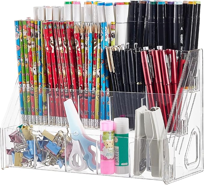 Acrylic Pen Pencil Holder for Desk With 15 Compartment Desk Organizers and Accessories,Durable Material Can Hold Pen Brush Cosmetic Scissor Clip Tape staplers Fit Home Office School(3 Tier)