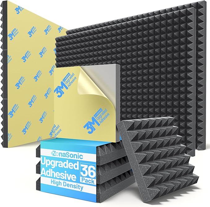 12 Pack Pyramid Sound Proof Foam Panels for Walls with Updated Self-Adhesive 3"X12"X12" High Density Acoustic Panels Sound Absorbing Fast-Expanding Soundproof Wall Panels for Gaming Studio Decor-Black