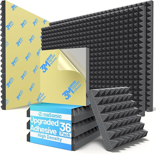 12 Pack Pyramid Sound Proof Foam Panels for Walls with Updated Self-Adhesive 3"X12"X12" High Density Acoustic Panels Sound Absorbing Fast-Expanding Soundproof Wall Panels for Gaming Studio Decor-Black