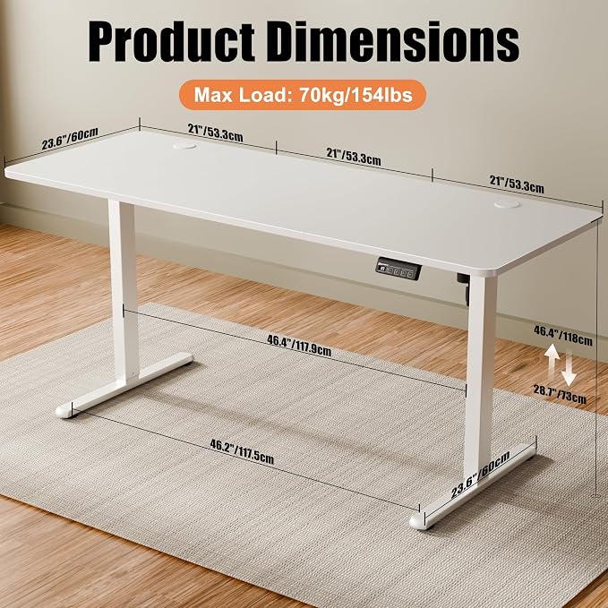 ERGOMAKER 63"x24" Standing Desk, Height Adjustable Sit-Stand Office, White | Electric Adjustable Standing Desk, Sit to Stand Computer Office Desk with Splice Board, Memory Preset, Lifts 28.7''-46.5"