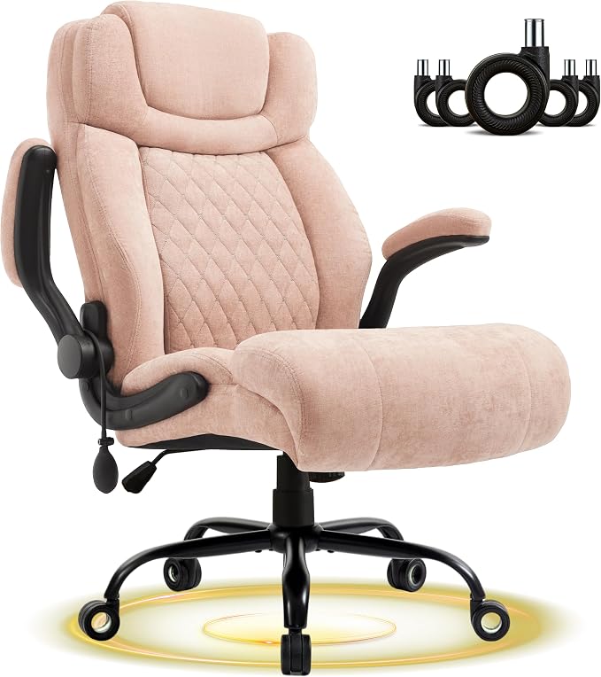550LBS Big and Tall Office Chair, Comfy Heavy Duty Executive Chair with Adjustable Lumbar Support Double Spaces Casters, Fabric Extra Wide Seat Ergonomic Computer Desk Chair for Back Pain,Pinkcloth