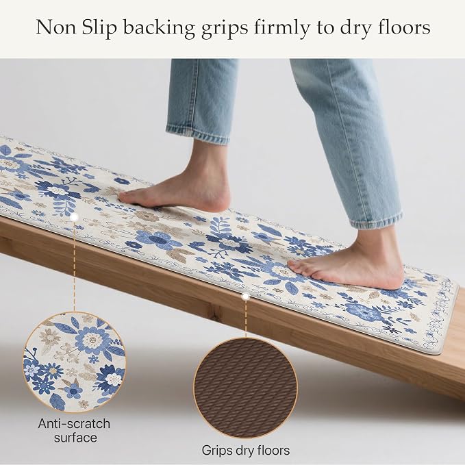 GENIMO Anti Fatigue Kitchen Mats for Floor 2PCS, Cushioned Standing Mats | 17.3"x47"&17.3"x30", Beige Blue vintage floral rug set, waterproof, non slip, easy-clean for farmhouse