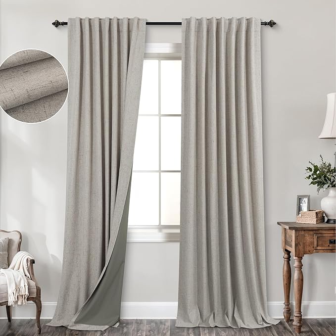 KOUFALL Neutral Blackout Curtains for Living Room Bedroom,Mushroom Taupe Greige Linen Noise Reducing Soundproof Sound Proof Curtains for Office Window at Home 84 Inches Long