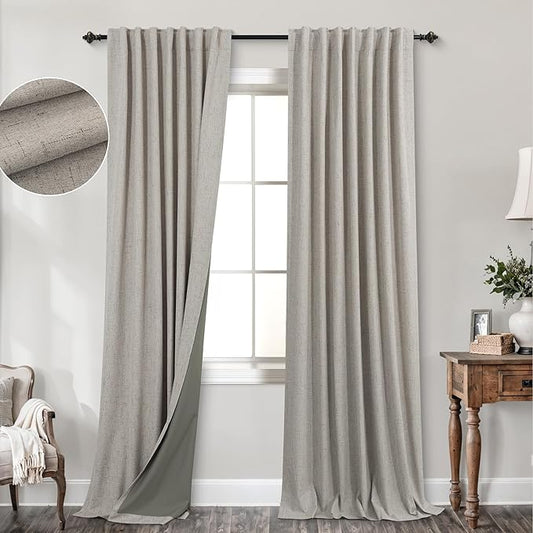 KOUFALL Neutral Blackout Curtains for Living Room Bedroom,Mushroom Taupe Greige Linen Noise Reducing Soundproof Sound Proof Curtains for Office Window at Home 84 Inches Long