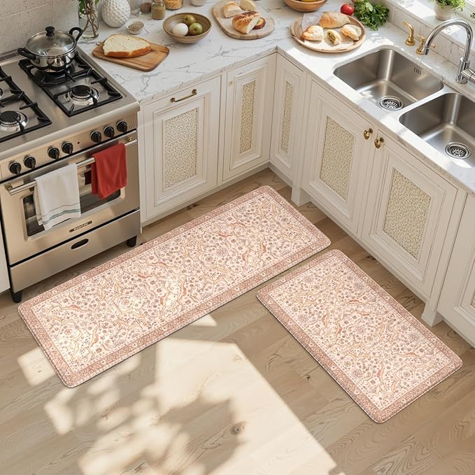 KIMODE Anti Fatigue Kitchen Mats for Floor, Boho Vintage Kitchen Rugs Sets of 2, Kitchen Floor Mats Cushioned Non Slip, Khaki Memory Foam Standing Mats for Laundry Office Sink Desk 17"x47"+17"x29"