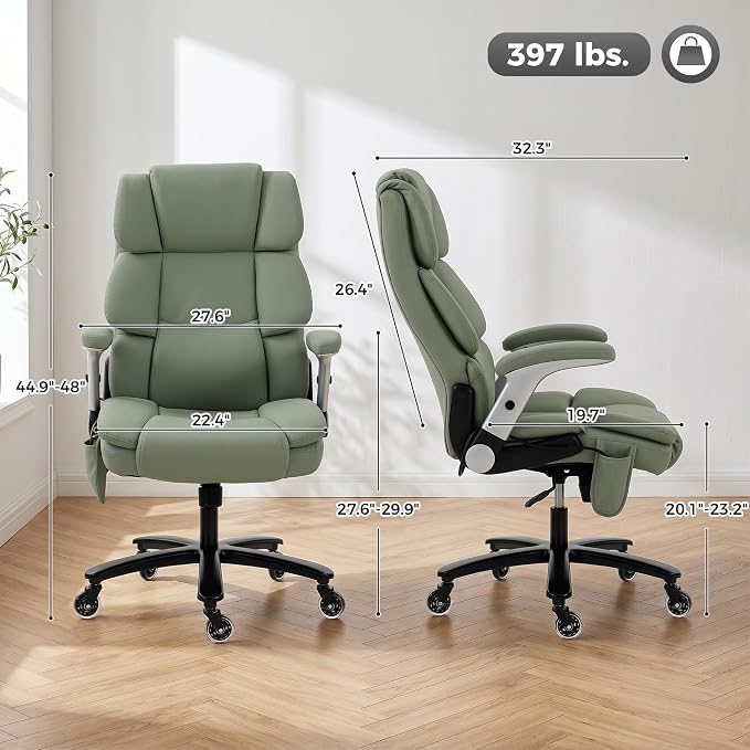 HOMCOM 400 Lbs Heavy Duty Office Chair with Adjustable Lumbar Support Green | Inflatable Adjustable Lumbar Support, 400 Lbs Heavy Duty High Back Desk Chair, Pet-Friendly Fabric, 4-Level Gas Lift