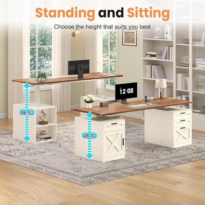 YOMILUVE 60" Farmhouse Electric Standing Desk with Drawers for Home Office | Height Adjustable Computer Desk with 4 Drawers & Storage Shelves, Wood Sit Stand Desk with Power Outlets for Work, Study