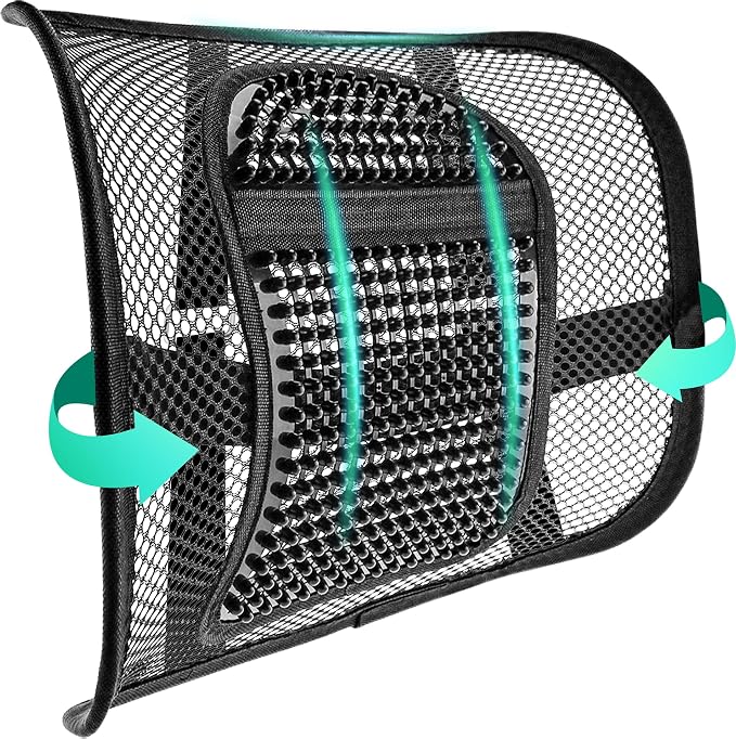 Samyoung Mesh Lumbar Support for Office Chair and Car Seat | 12 x 16 Inch Breathable Double-Layer Mesh Back Support with Elastic Chair Strap & Support Beads for Firm, Comfortable Support