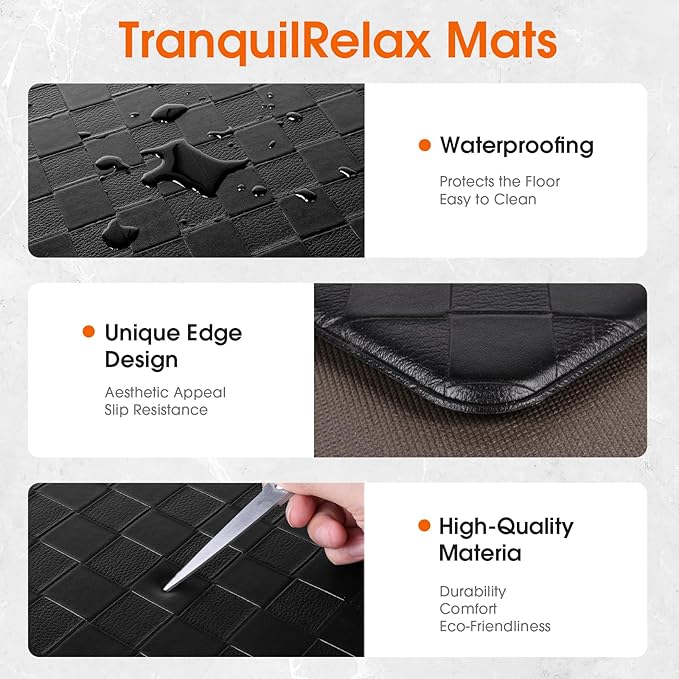 TranquilRelax 2-Piece Anti-Fatigue Kitchen Mats, Cushioned Non-Slip Waterproof Sink & Stove Floor Mats, Comfortable Standing Rug Set for Kitchen, Laundry & Entryway, Black