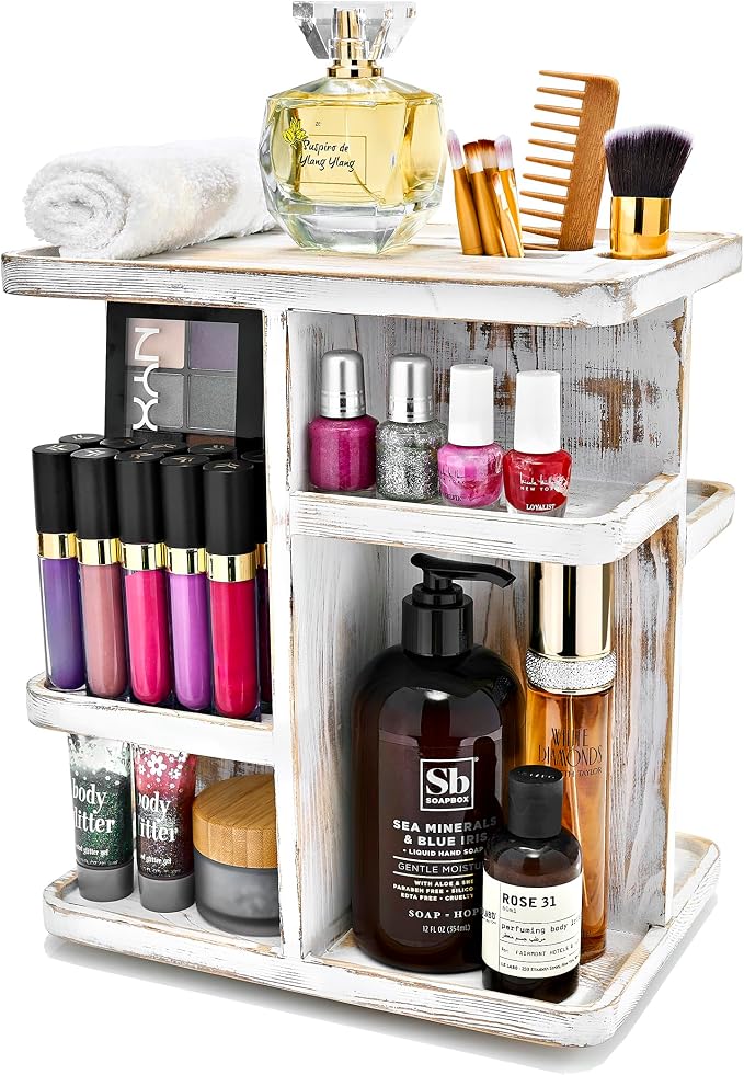 Sorbus 360° Makeup Organizer - Grey Rustic Wood Make Up Storage Carousel for Cosmetics, Skin Care Rotating Makeup Organizer for Vanity, Bathroom Storage