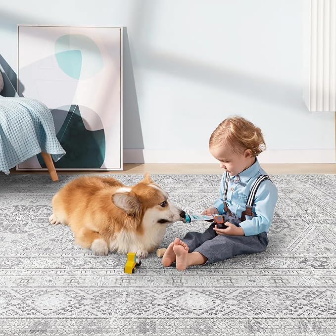 6x9 Area Rugs for Living Room:Washable Oriental Rug for Bedroom Dining Room Carpet 6 by 9 Indoor Non Slip Rubber Backing Neutral Nursery Dorm Home Office Kids Beige (Grey, 6x9)