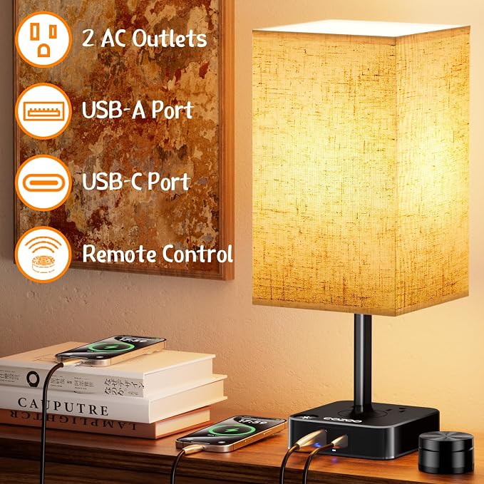 cozoo Bedside Table Lamp for Bedroom, 3 Way Dimmable & Remote Control Stepless Dimming Touch Nightstand Lamp, 2 USB Ports and 2 AC Outlets, Small Desk Light for Living Room, Bed, Study, Flaxen