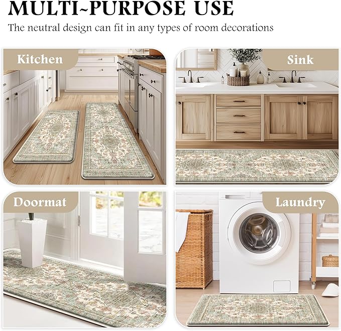 Boho Kitchen Mats for Floor 2 Piece Set Anti Fatigue Cushioned PVC Kitchen Rugs Non Slip Waterproof Farmhouse Mats 2/5 Inch Comfort Standing Mat for Laundry, 23.6"x39"+23.6"x59", Green Orange Beige
