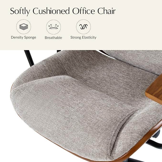 HULALA HOME Solid Wood Office Chair with Tilt Function & Metal Base, Tan | Mid Century Modern Desk Chair with Bent Wood Frame, 360° Swivel Fabric Computer Task Chair, Height Adjustable