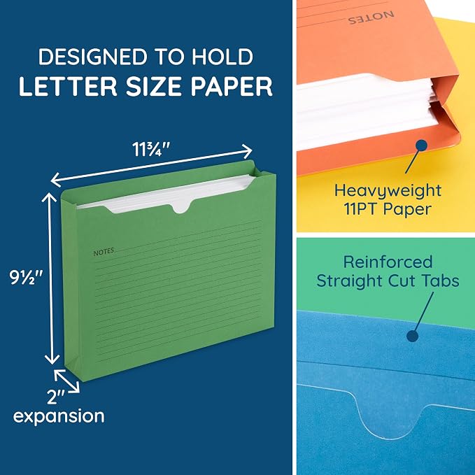 Blue Summit File Jackets Letter Size 2 Inch Expansion, Lined Folders with Lines for Notes on Front, 2 inch File Jacket Folders, Top Tab Pockets, Assorted Colors, Expandable, 25 Pack