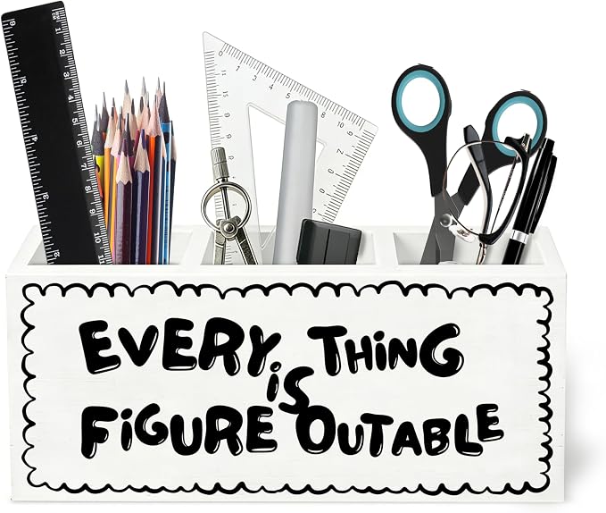 Black and White Inspirational Wooden Pen Holder for Desk, Positive Affirmations Desk Decor, Retro Trendy Motivational Pencil Organizer Wooden Box Sign for Home Office Decoration