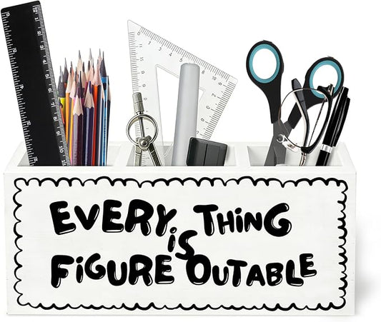 Black and White Inspirational Wooden Pen Holder for Desk, Positive Affirmations Desk Decor, Retro Trendy Motivational Pencil Organizer Wooden Box Sign for Home Office Decoration
