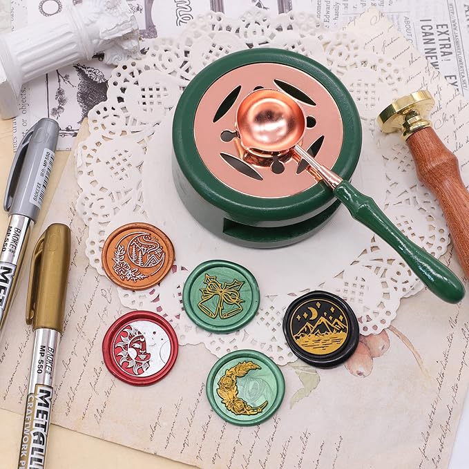 SWANGSA Wax Seal Warmer Kit, Sealing Wax Furnace with 2 Pens, Spoon and 2pcs Candles for Wedding Invitation Envelope Letter (Dark Green)