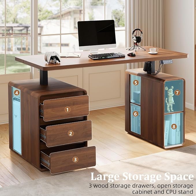 Farmhouse Electric Standing Desk, 55" Height Adjustable Computer Desk | Electric Stand up Desk with 3 Drawers & Storage Shelf, Mid Century Home Office Desk Wood Sit Stand Desk for Work Study,Walnut