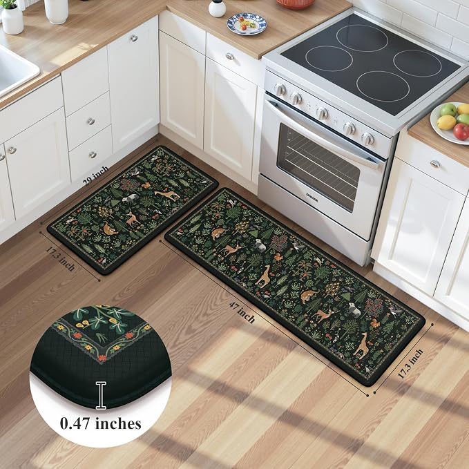 KIMODE Kitchen Mats for Floor Cushioned Anti Fatigue, Kitchen Rug Sets of 2 | 17.3"x47"+ 17.3"x29",Black,Farmhouse Animal Forest Kitchen Rugs Non Slip,Memory Foam Kitchen Standing Mat Laundry Sink Office