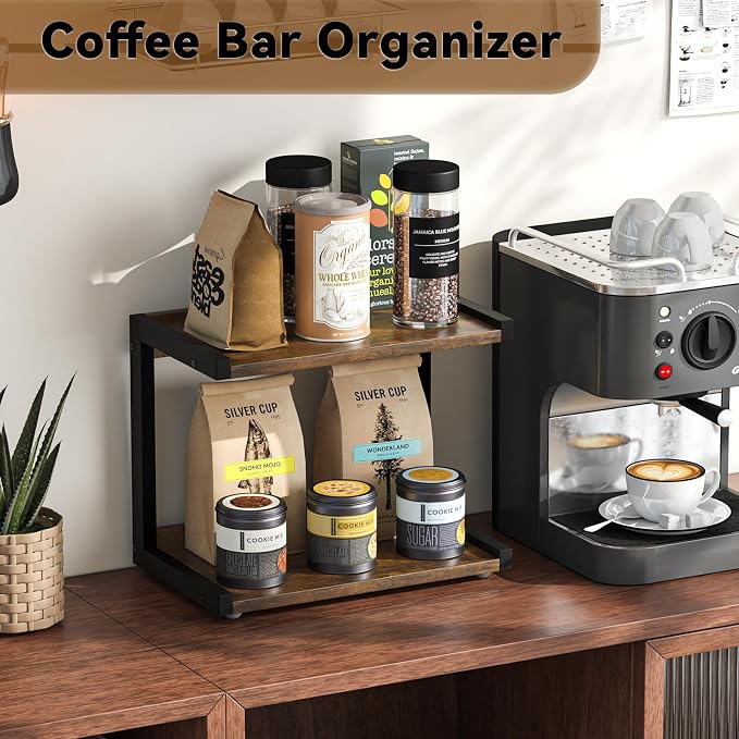 MARTY Kitchen Counter Shelf Organizer, 2 Tier Coffee Station/Bar Organizer | Spice Rack for Countertop, Mugs Cups, Desk Shelf Riser, Bathroom Counter Organizer, Wood+Metal, Rustic Brown