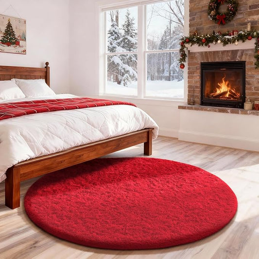 Ophanie Round Rug 4Ft Red Circle Area Rug, Christmas Room Decor, Aesthetic Nursery Bedroom Carpet, Fluffy Fuzzy Plush Soft Shaggy Living Room Rugs for Kids Boys Girls Home, Classroom