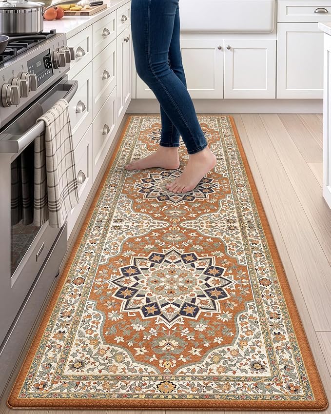 DEXI Kitchen Floor Mats Cushioned Anti Fatigue Runner Rug 23x86 Orange | Soft Comfort Memory Foam, Easy Care, Waterproof, Standing Padded for Front Sink Laundry Office Farmhouse