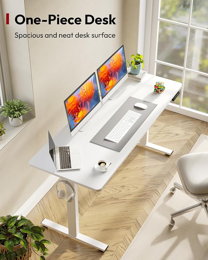 SANODESK One-Piece Electric Standing Desk, Seamless 60 x 24'' Ergonomic Height Adjustable Sit Stand Desk with Memory Presets for Home Office Computer Workstation, White Frame/White Top