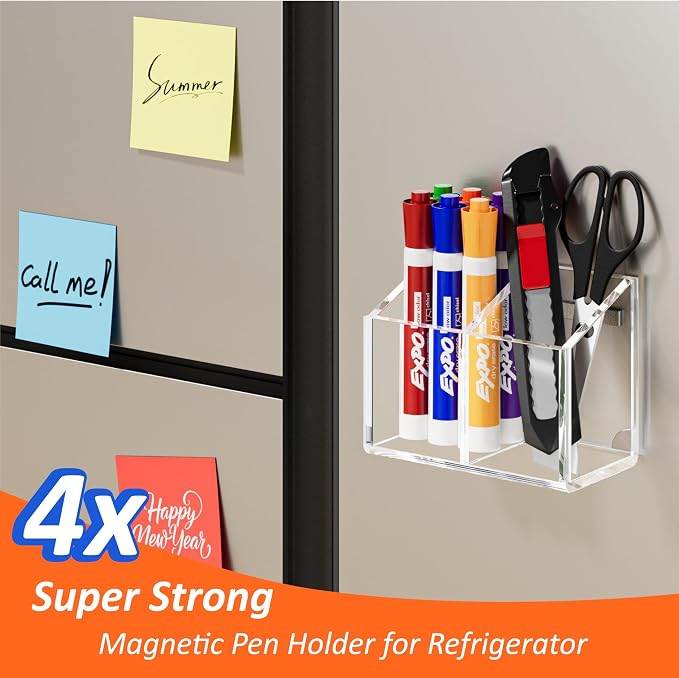 Magnetic Dry Erase Marker Holder for Whiteboard, 2 Slot Pen Holder for Desk | Fridge Refrigerator, Non-slip, Acrylic, Strong, Locker Organizer, Storage Accessories,Clear, Pencil Cup Marker Organizer