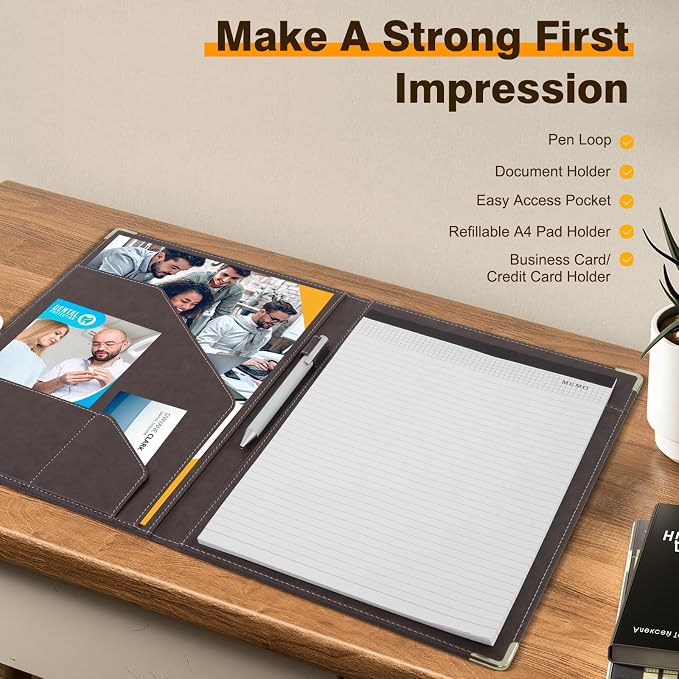 Tiankool Padfolio Portfolio Binder – Thickened Business Folder for Interview Resumes, Legal Documents | Notepad Not Included, Durable, Brown